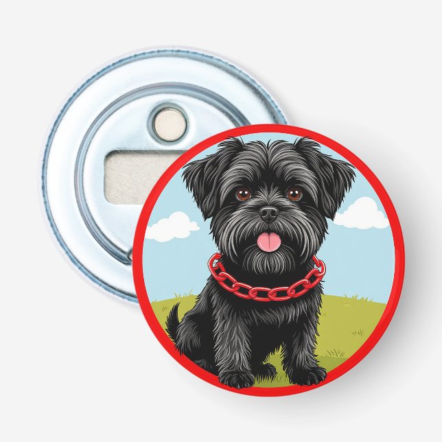 Söt svart hund med röd halsband i serieformat flasköppnare (Framsidan)