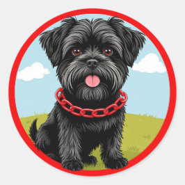 Söt svart hund med röd halsband i tecknad stil runt klistermärke
