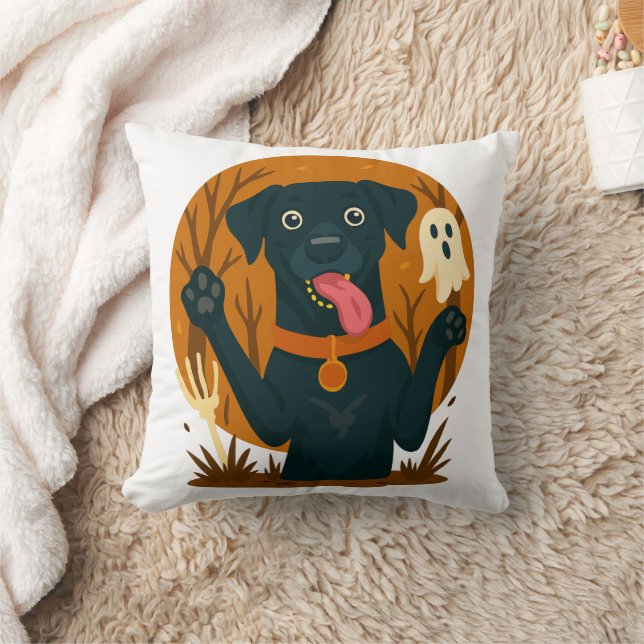 Söt Svart Hund med Spöke Kudde (Filt)