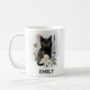 Söt svart katt akvarell blommor namn kaffemugg