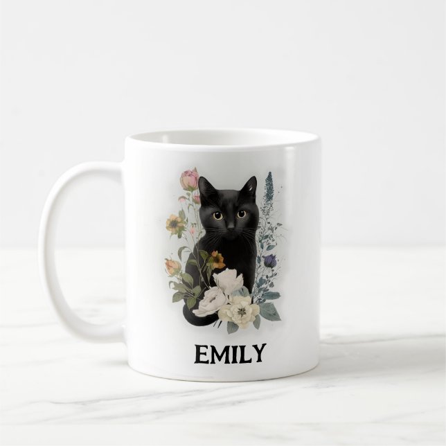 Söt svart katt akvarell blommor namn kaffemugg (Vänster)