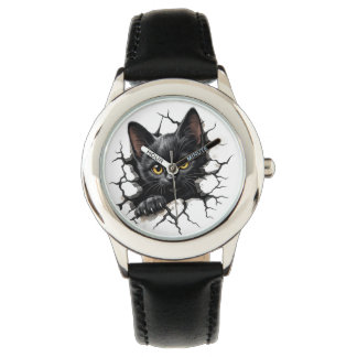 Söt svart katt barnklocka med sprucken glasillustr armbandsur