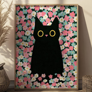 Söt svart katt bland färgglada tusenskönor rolig d poster