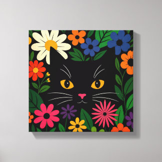 Söt svart katt Blommig Färgrik Whimsisk Katt Canvastryck