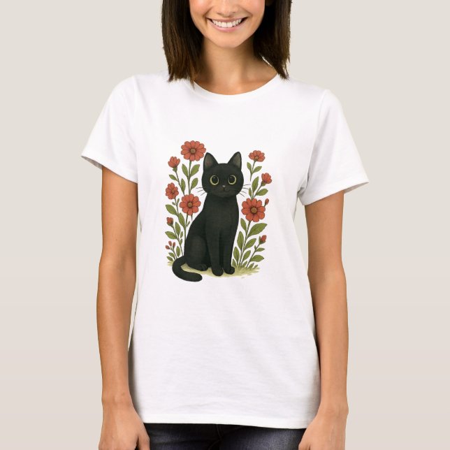 Söt svart katt & blomsterträdgård Kvinnors Tee (Framsida)