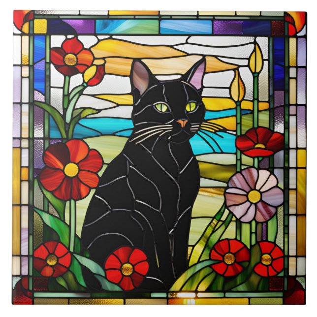 Söt svart katt dekorativ glasflisa kakelplatta (Framsidan)