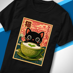 Söt svart katt dricker matcha Kawaii japansk te T Shirt