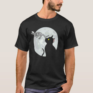 Söt svart katt fullmåne skelett odöd Halloween T Shirt