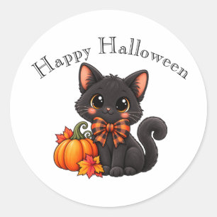 Söt svart katt God Halloween-dekal Runt Klistermärke