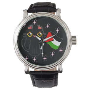 Söt svart katt håller Palestina flagga Armbandsur