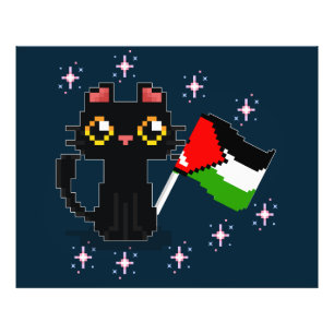 Söt svart katt håller Palestina flagga Fototryck