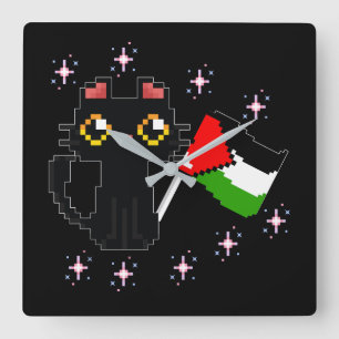 Söt svart katt håller Palestina flagga Fyrkantig Klocka