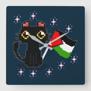 Söt svart katt håller Palestina flagga Fyrkantig Klocka