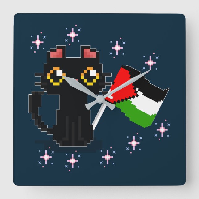 Söt svart katt håller Palestina flagga Fyrkantig Klocka (Framsida)