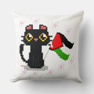 Söt svart katt håller Palestina flagga Kudde