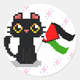 Söt svart katt håller Palestina flagga Runt Klistermärke