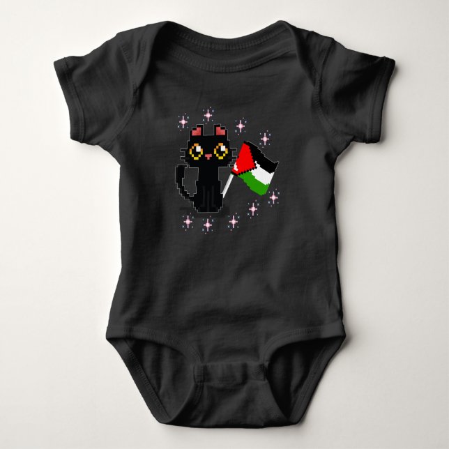 Söt svart katt håller Palestina flagga T Shirt (Framsida)