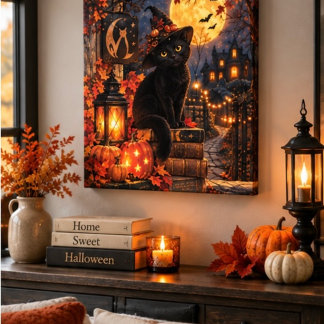 Söt svart katt Halloween Canvas Väggkonst