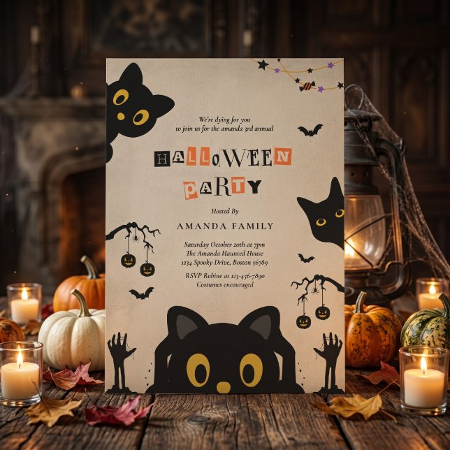 Söt svart katt Halloween-festinvitation Inbjudningar (Skapare uppladdad)