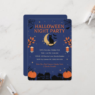 Söt svart katt Halloween-festinvitation Inbjudningar