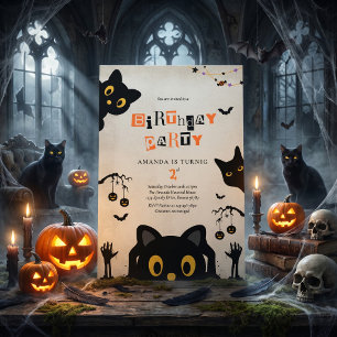 Söt svart katt Halloween födelsedagsfirande Inbjudningar