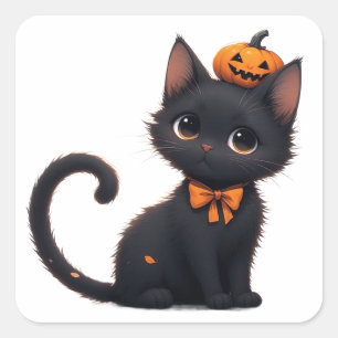 Söt svart katt Halloween 🎃 Fyrkantigt Klistermärke