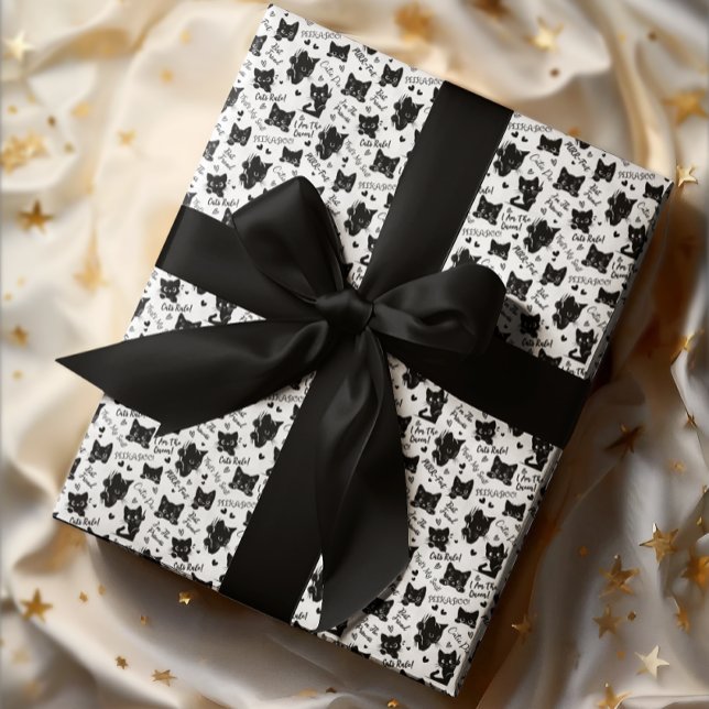Söt svart katt Halloween-mönster för kattälskare Presentpapper (Cute Black Cats and Sayings with Hearts Pattern Wrapping Paper for Cat Lovers and Halloween)