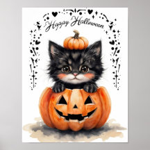 Söt svart katt Halloween-plakat | Pumpa Jack O L
