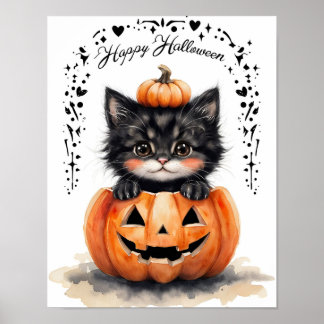 Söt svart katt Halloween-plakat | Pumpa Jack O L Poster