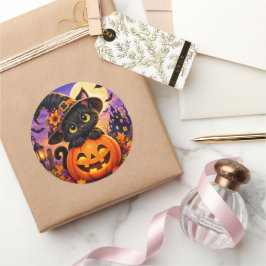 Söt svart katt Halloween-pumpa häxhatt Runt Klistermärke