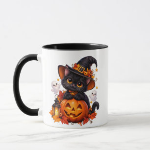 Söt svart katt Halloween-pumpa kombinerad mugg