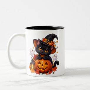 Söt svart katt Halloween-pumpa Tvåtons-mugg Två-Tonad Mugg
