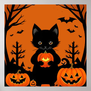 Söt svart katt Halloween-pumpor kuslig Poster