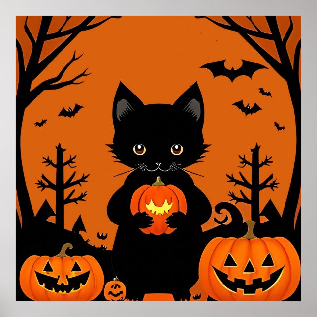 Söt svart katt Halloween-pumpor kuslig Poster (Framsidan)