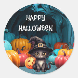 söt svart katt Halloween-pumpslampa Runt Klistermärke