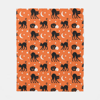 Söt svart katt Halloween-sömlöst mönster | Orange Fleecefilt