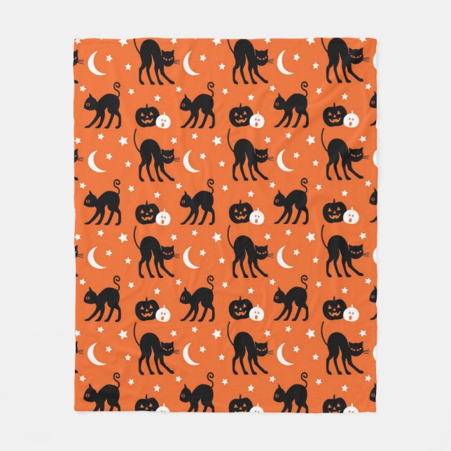 Söt svart katt Halloween-sömlöst mönster | Orange Fleecefilt (Framsidan)