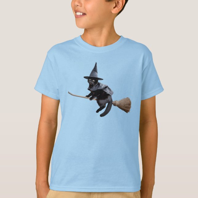 Söt Svart Katt Häxa Barn T Shirt (Framsida)