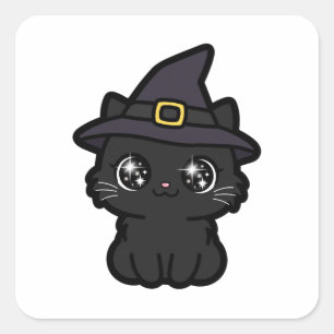 Söt Svart Katt Häxa Halloween Fyrkantigt Klistermärke