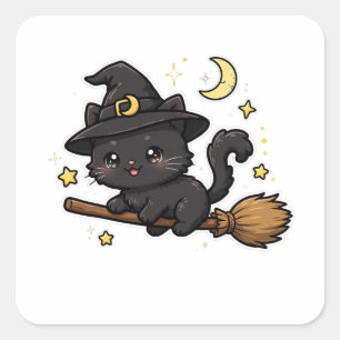 Söt Svart Katt Häxa Halloween Fyrkantigt Klistermärke