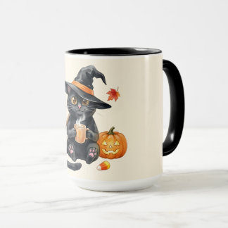 Söt Svart Katt Häxa Halloween Kawaii Mugg