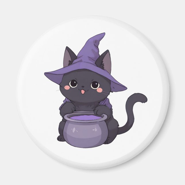 Söt Svart Katt Häxa Halloween Kittel Magnet (Framsidan)