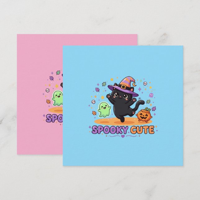 Söt Svart Katt Häxa Halloween Kort (Fram/baksida)