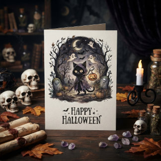 Söt Svart Katt Häxa Halloween Kort