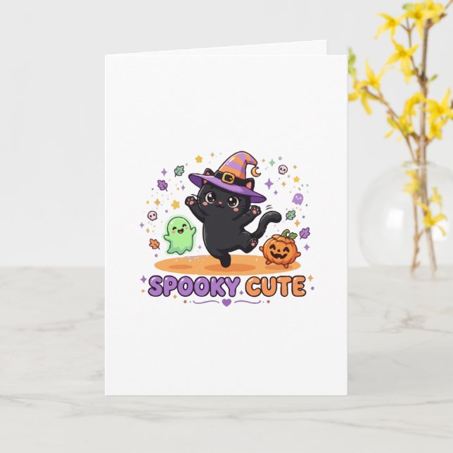 Söt Svart Katt Häxa Halloween Kort (Gul blomma)