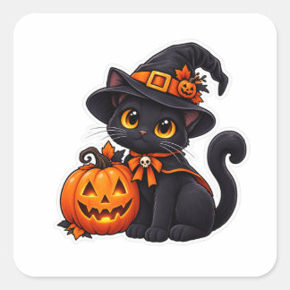 Söt Svart Katt Häxa Halloween Pumpa Fyrkantigt Klistermärke