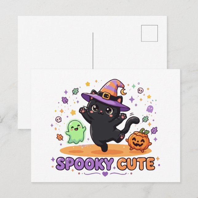 Söt Svart Katt Häxa Halloween Vykort (Fram/baksida)