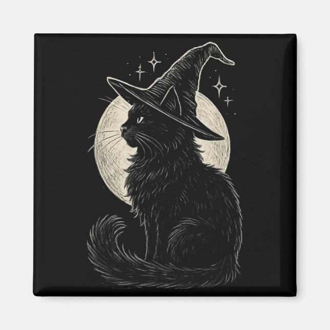 Söt Svart Katt Häxa Hatt Måne Retro Coquette Boho Magnet (Framsidan)