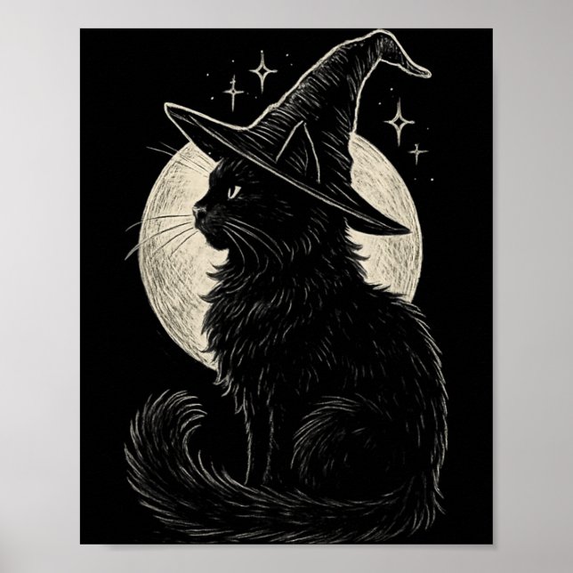 Söt Svart Katt Häxa Hatt Måne Retro Coquette Boho Poster (Framsidan)