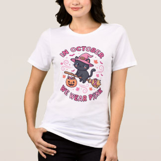 Söt Svart Katt Häxa I Oktober Bär Vi Rosa T Shirt